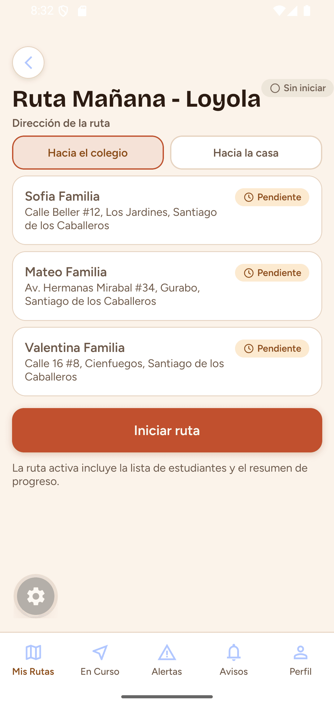 App del conductor con la lista de estudiantes antes de iniciar la ruta