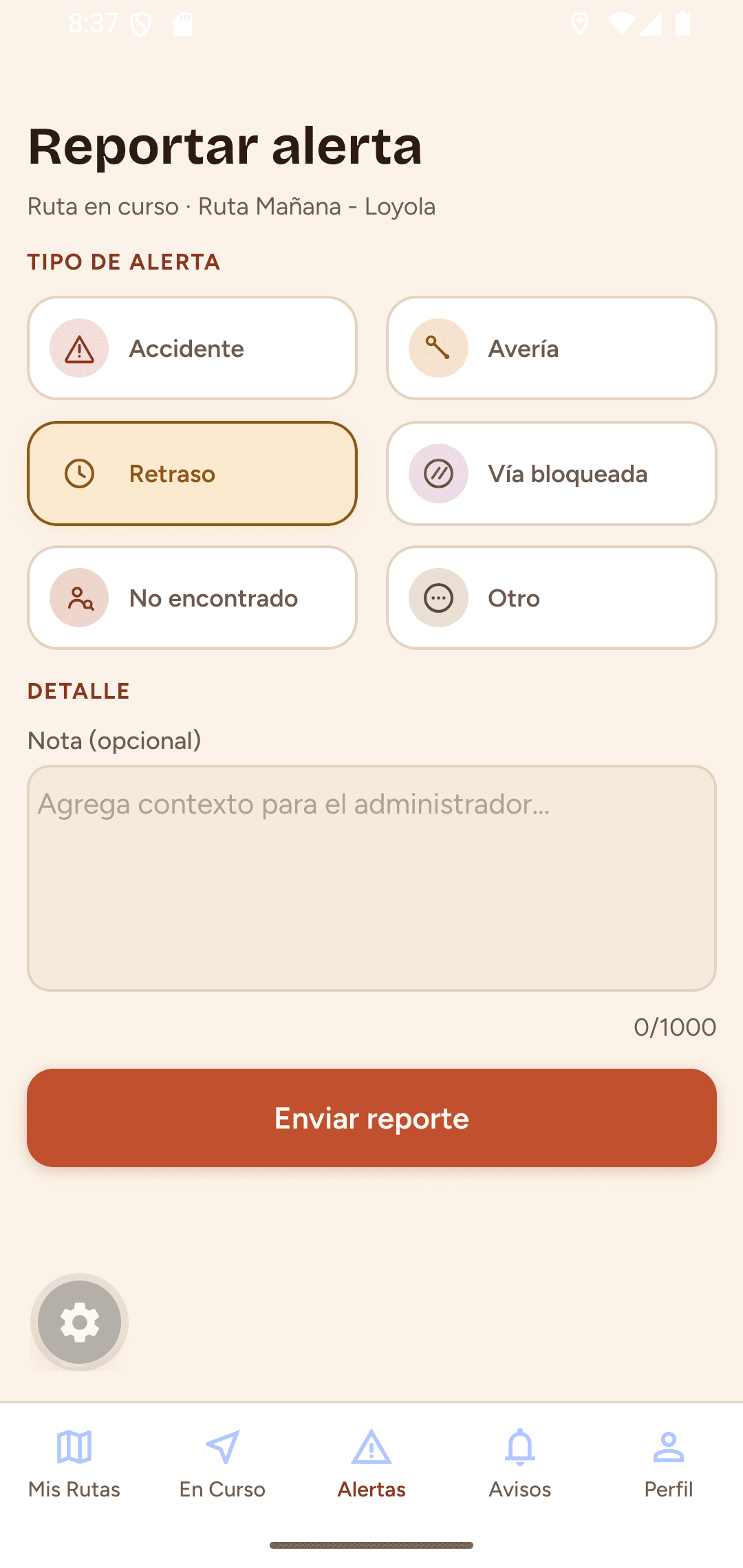 App del conductor con la ruta en curso y los estudiantes por recoger