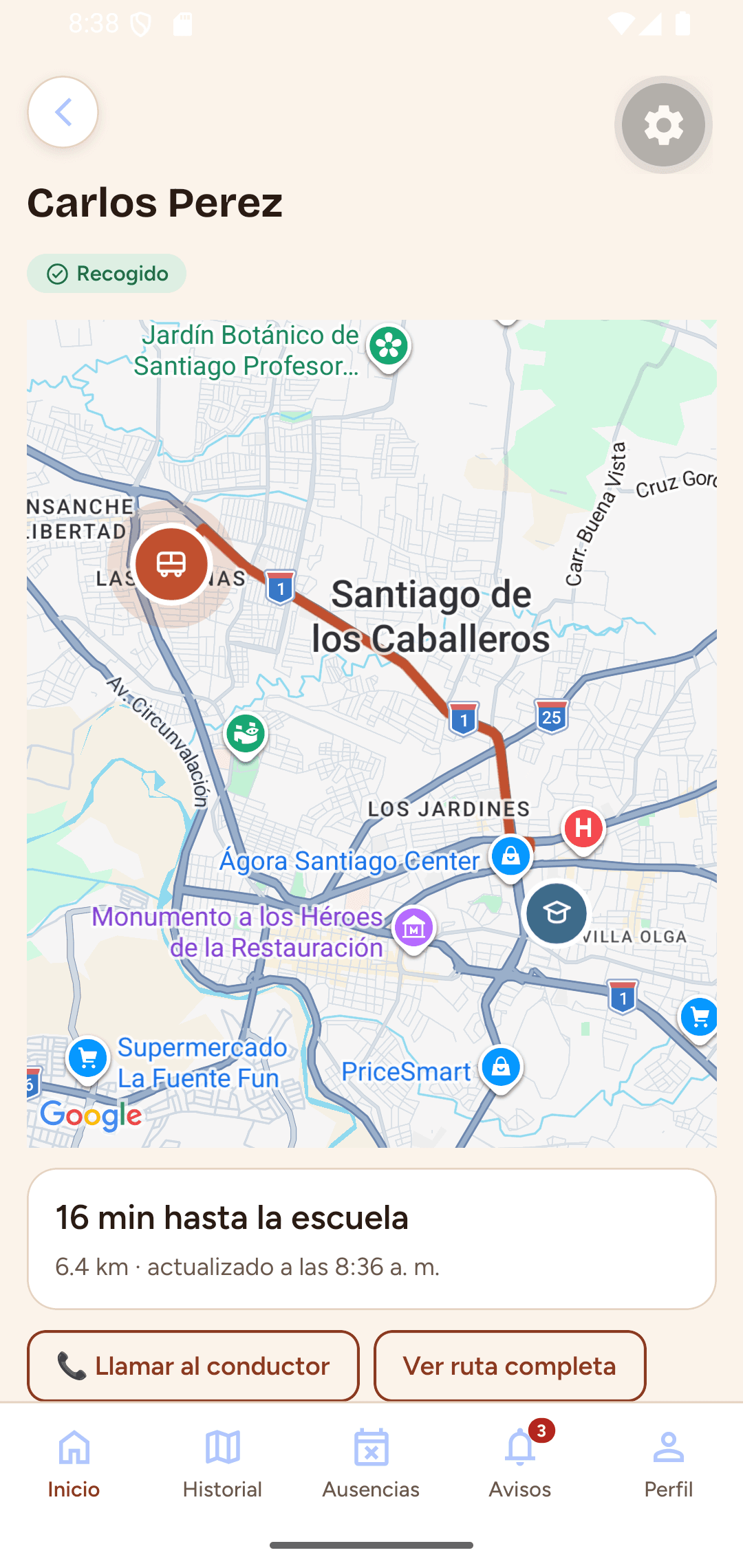 App de padres siguiendo el autobús en el mapa, con el tiempo estimado de llegada