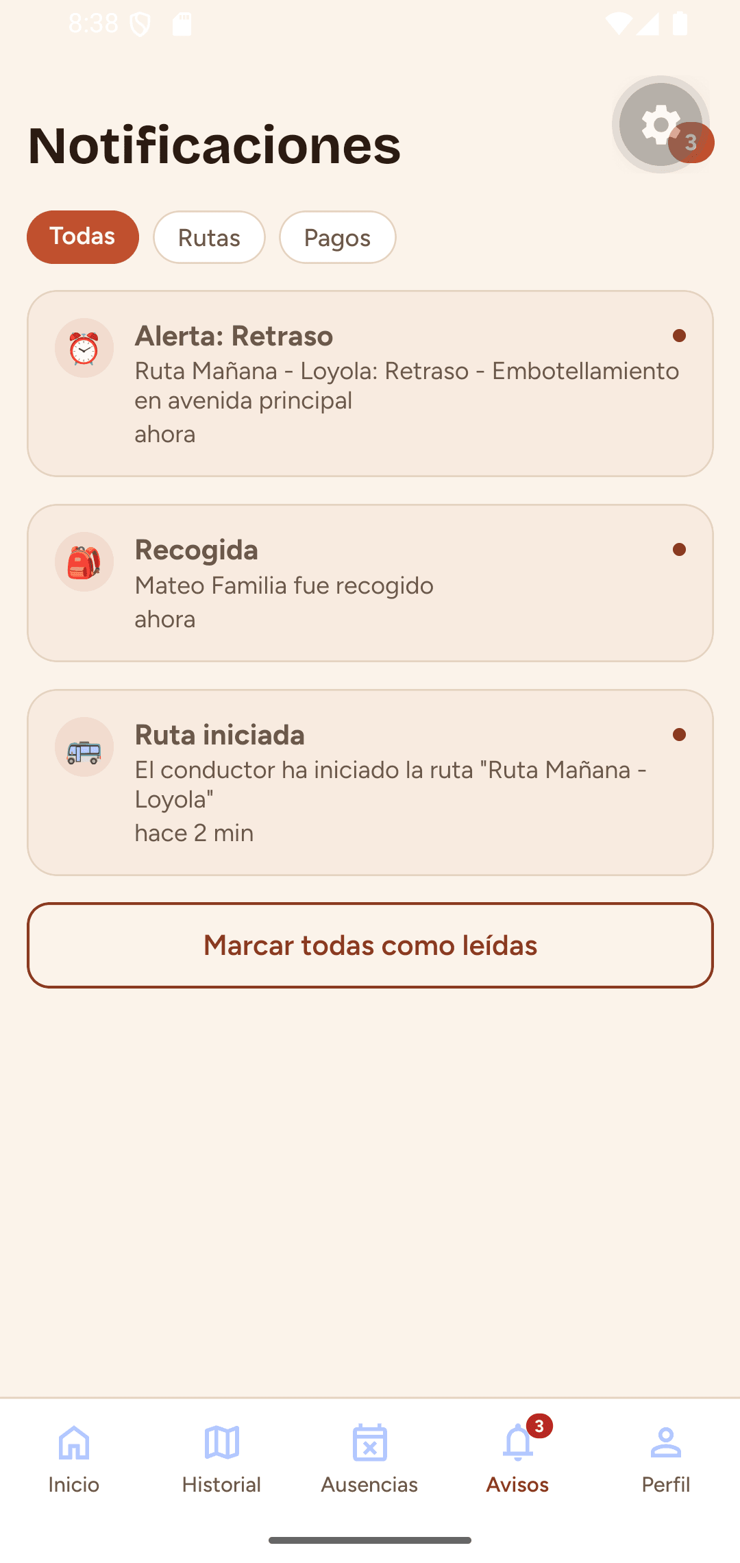 Notificaciones de recogida, ruta iniciada y alertas de retraso