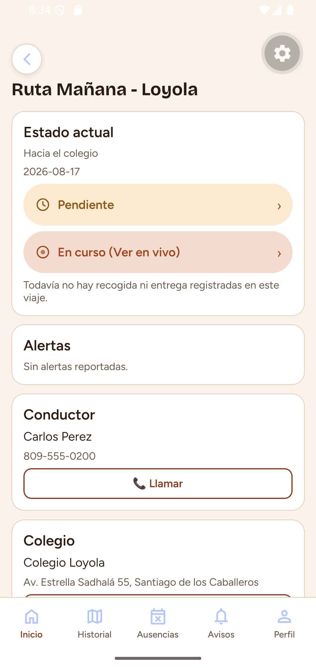 App de padres mostrando el estado de la ruta en curso